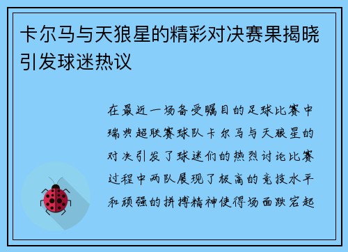 卡尔马与天狼星的精彩对决赛果揭晓引发球迷热议