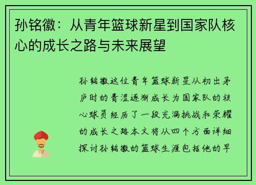 孙铭徽：从青年篮球新星到国家队核心的成长之路与未来展望
